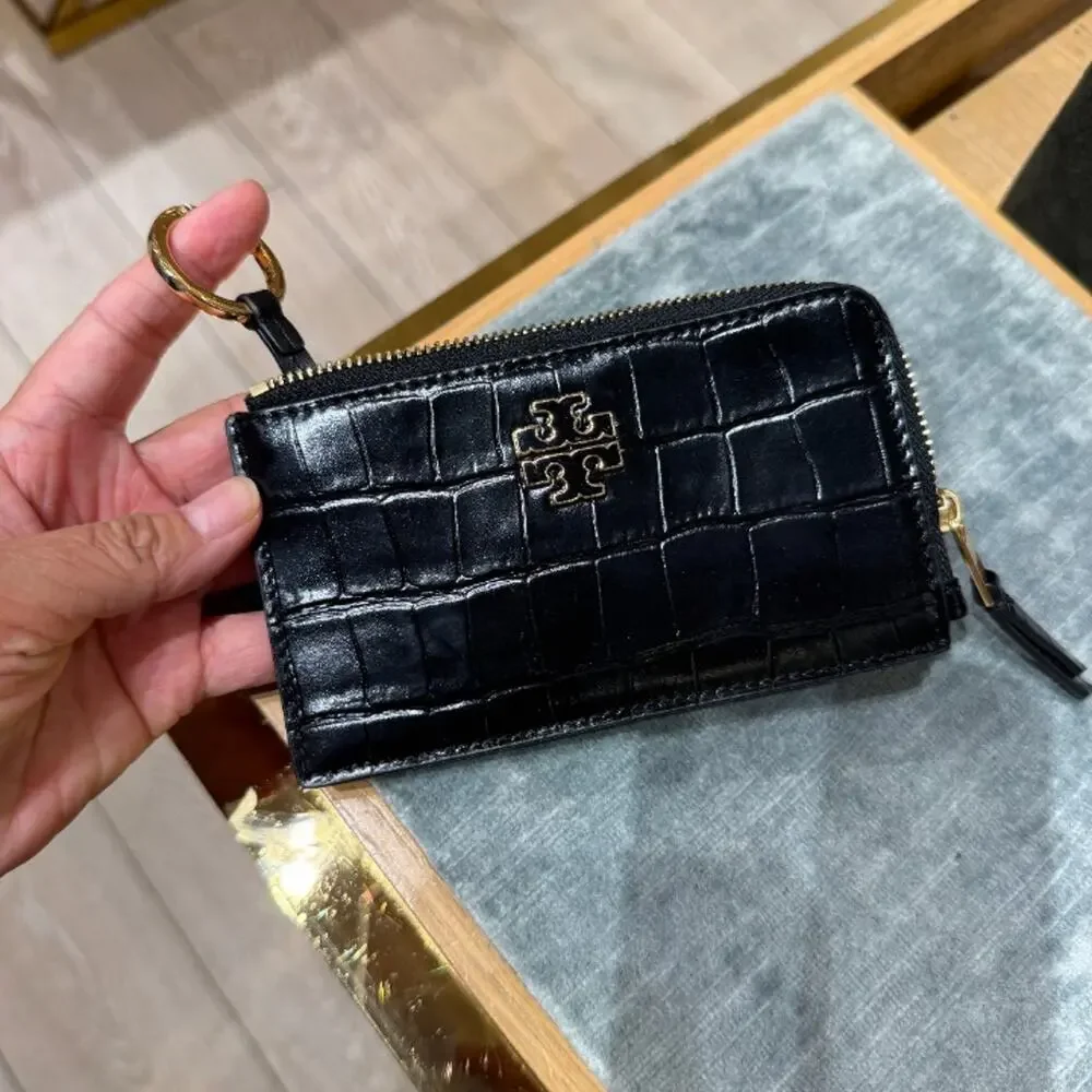 New‼️Tory Burch Britten Embossed Zip Card Case 182587 Black $170
